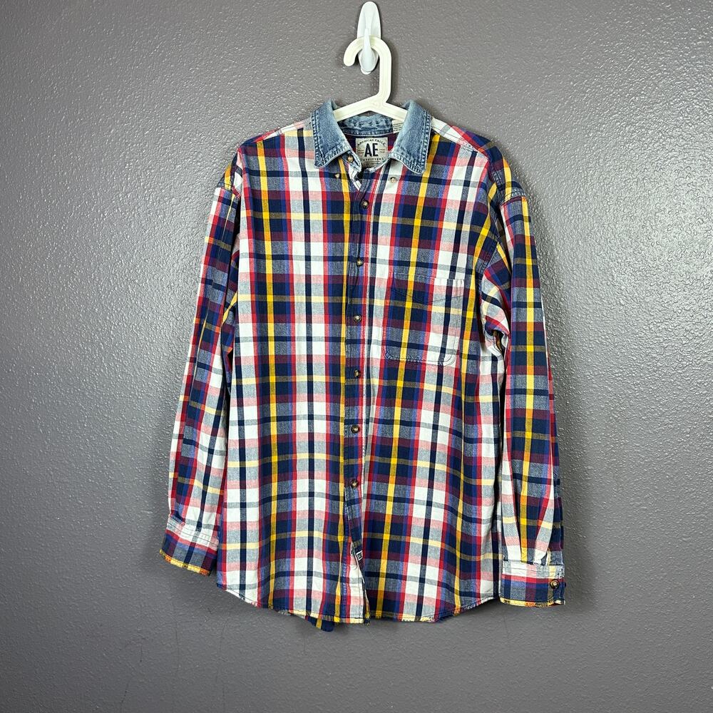 Vintage American Eagle Plaid Button Down Denim Shirt Men’s M Y2K 90’s Shacket